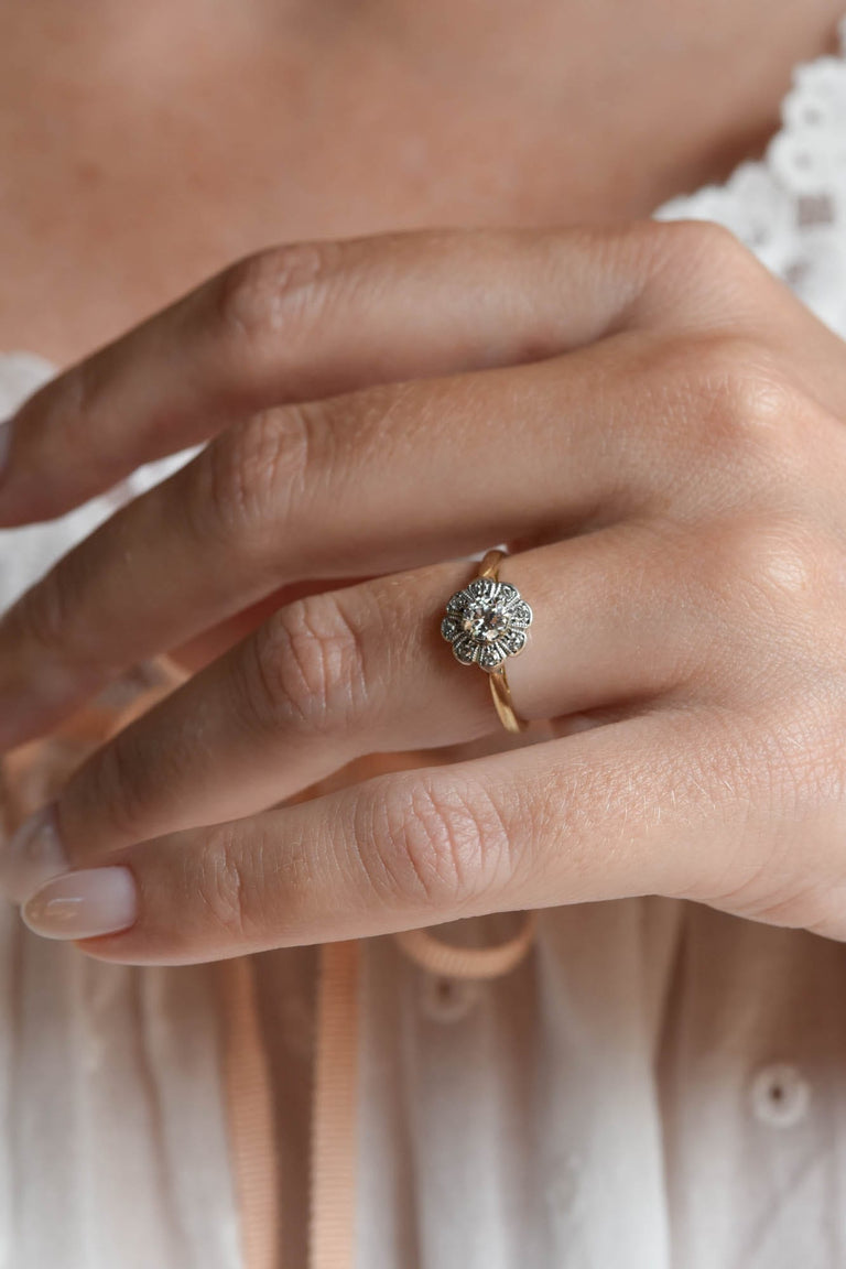 Victorian .27 Carat Old European Cut Diamond Two Tone Floral Cluster Antique Engagement Ring