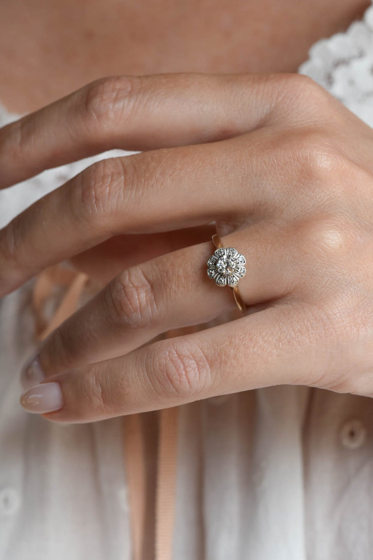 Victorian .27 Carat Old European Cut Diamond Two Tone Floral Cluster Antique Engagement Ring