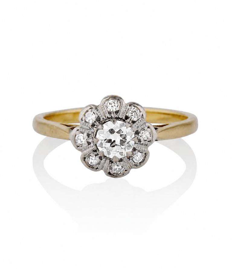 Victorian .27 Carat Old European Cut Diamond Two Tone Floral Cluster Antique Engagement Ring
