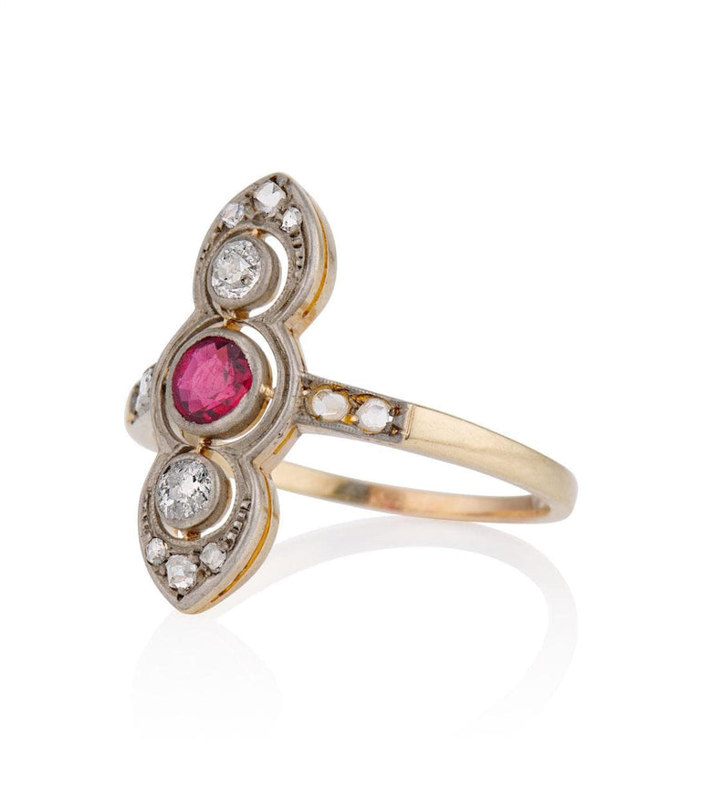 Victorian .35 Carat Round Cut Red Stone and .30 Carat Old European Cut Two Tone Navette Ring