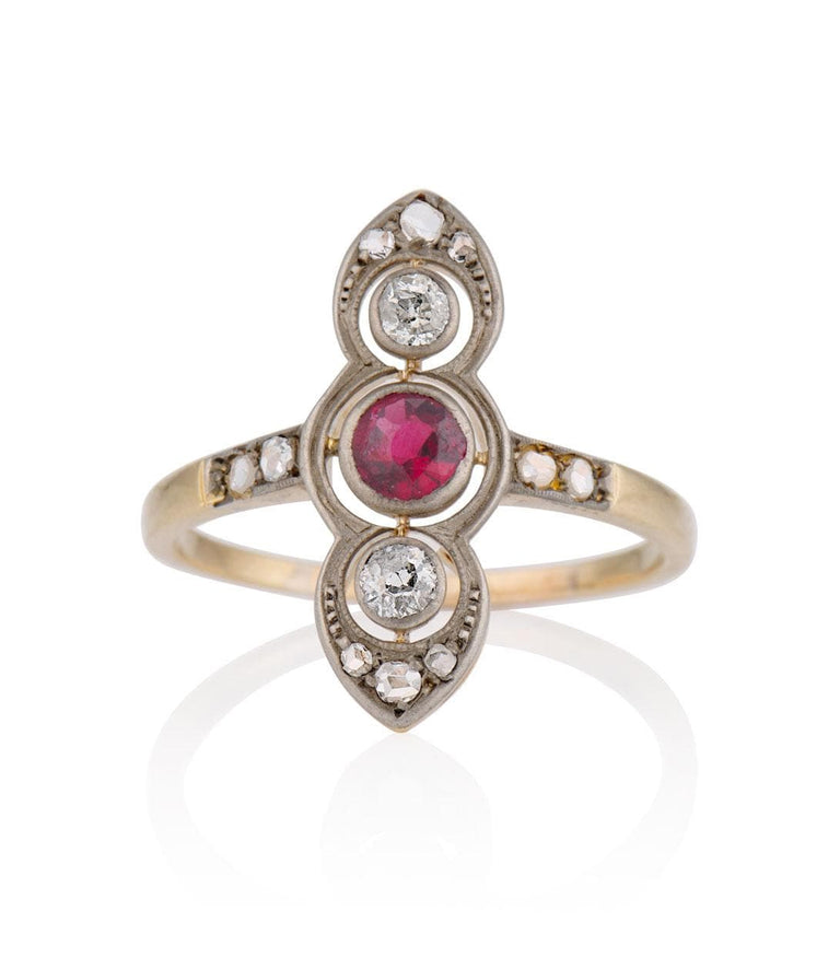 Victorian .35 Carat Round Cut Red Stone and .30 Carat Old European Cut Two Tone Navette Ring