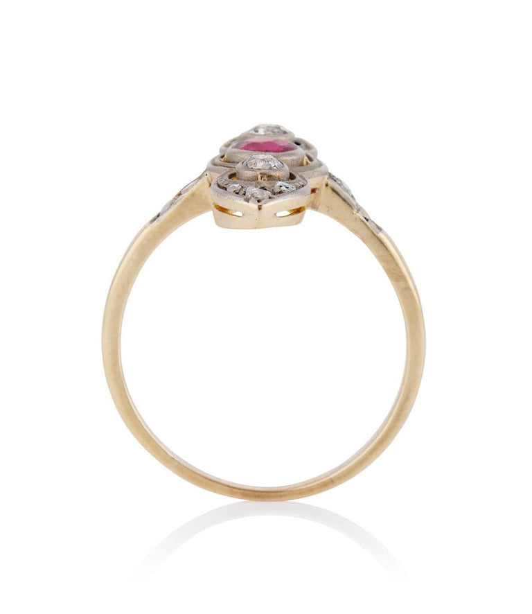 Victorian .35 Carat Round Cut Red Stone and .30 Carat Old European Cut Two Tone Navette Ring