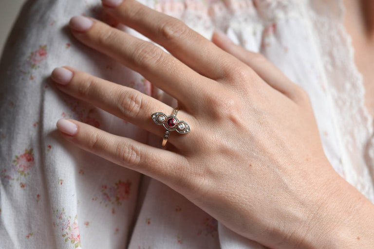 Victorian .35 Carat Round Cut Red Stone and .30 Carat Old European Cut Two Tone Navette Ring