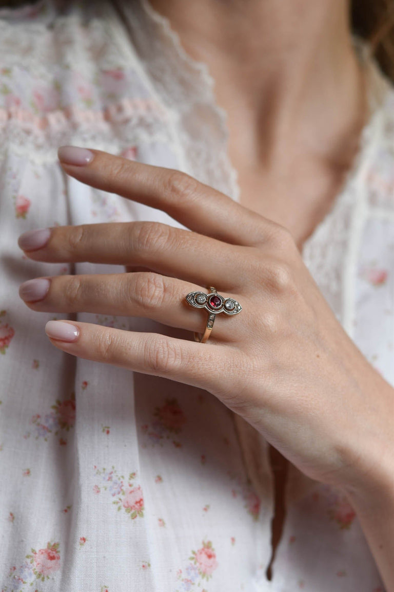 Victorian .35 Carat Round Cut Red Stone and .30 Carat Old European Cut Two Tone Navette Ring