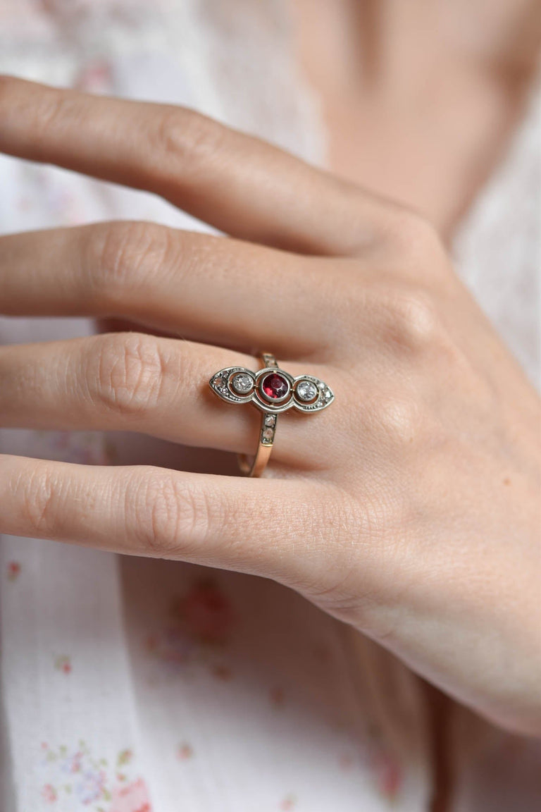 Victorian .35 Carat Round Cut Red Stone and .30 Carat Old European Cut Two Tone Navette Ring