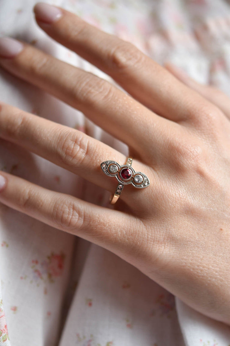 Victorian .35 Carat Round Cut Red Stone and .30 Carat Old European Cut Two Tone Navette Ring