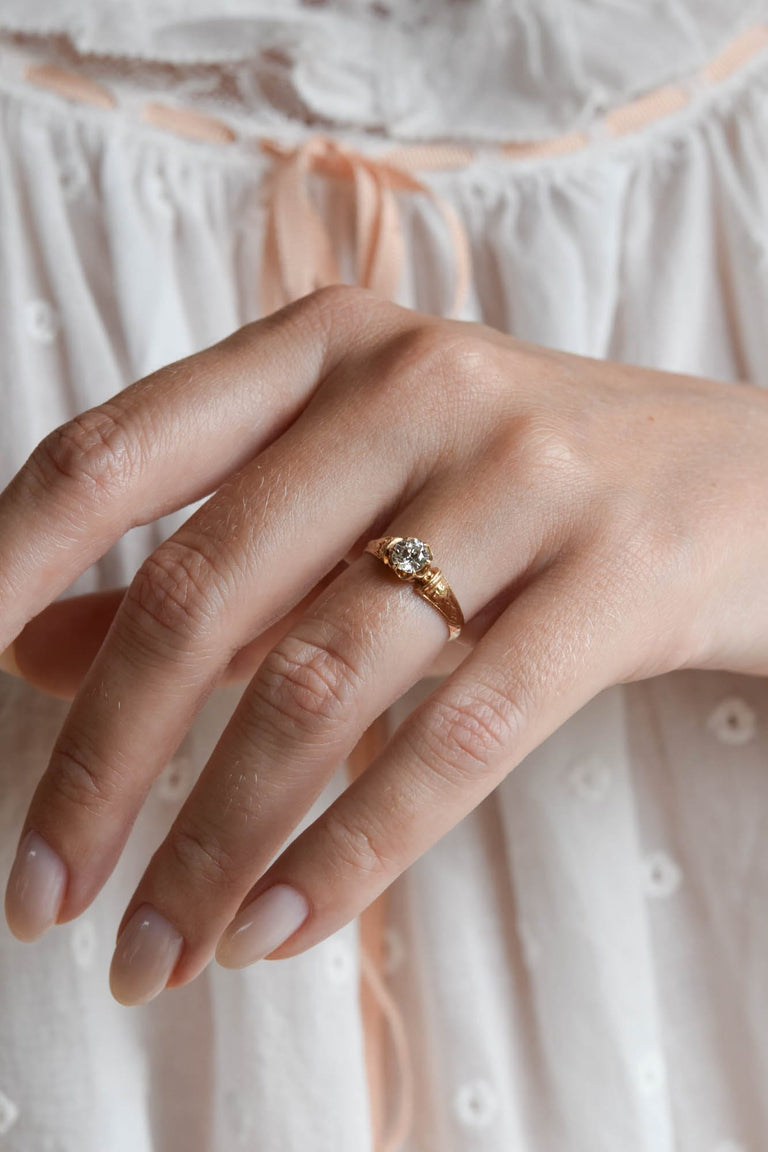 Victorian .47 Carat Old European Cut Diamond Engraved Buttercup Yellow Gold Antique Solitaire Ring