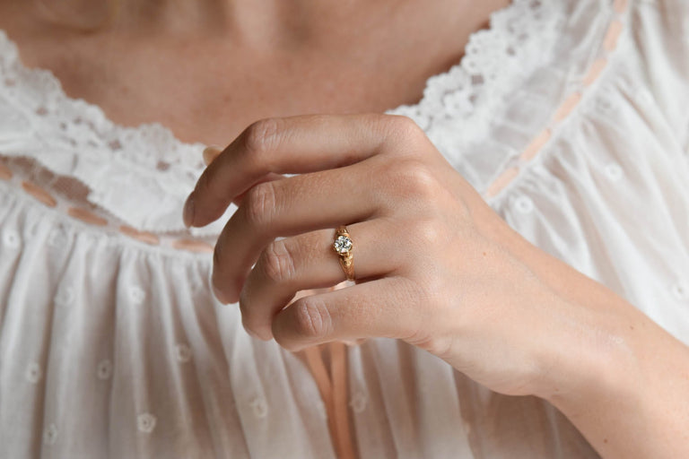 Victorian .47 Carat Old European Cut Diamond Engraved Buttercup Yellow Gold Antique Solitaire Ring