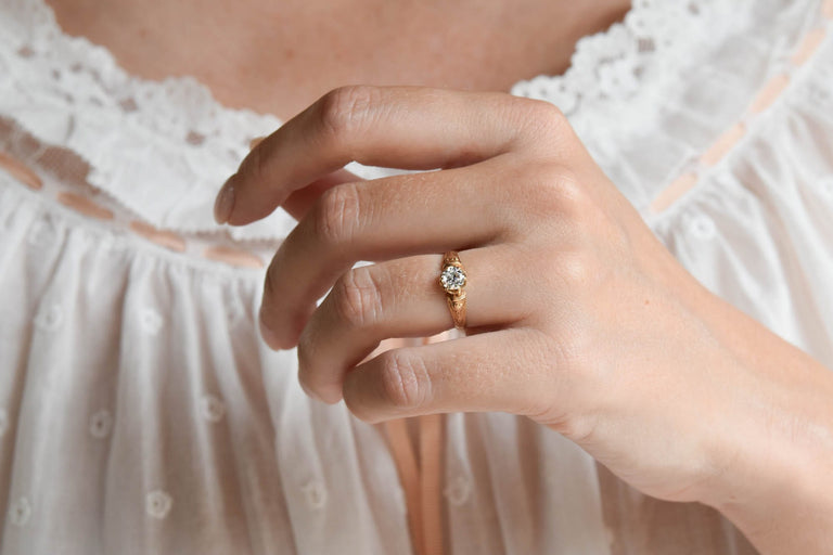 Victorian .47 Carat Old European Cut Diamond Engraved Buttercup Yellow Gold Antique Solitaire Ring