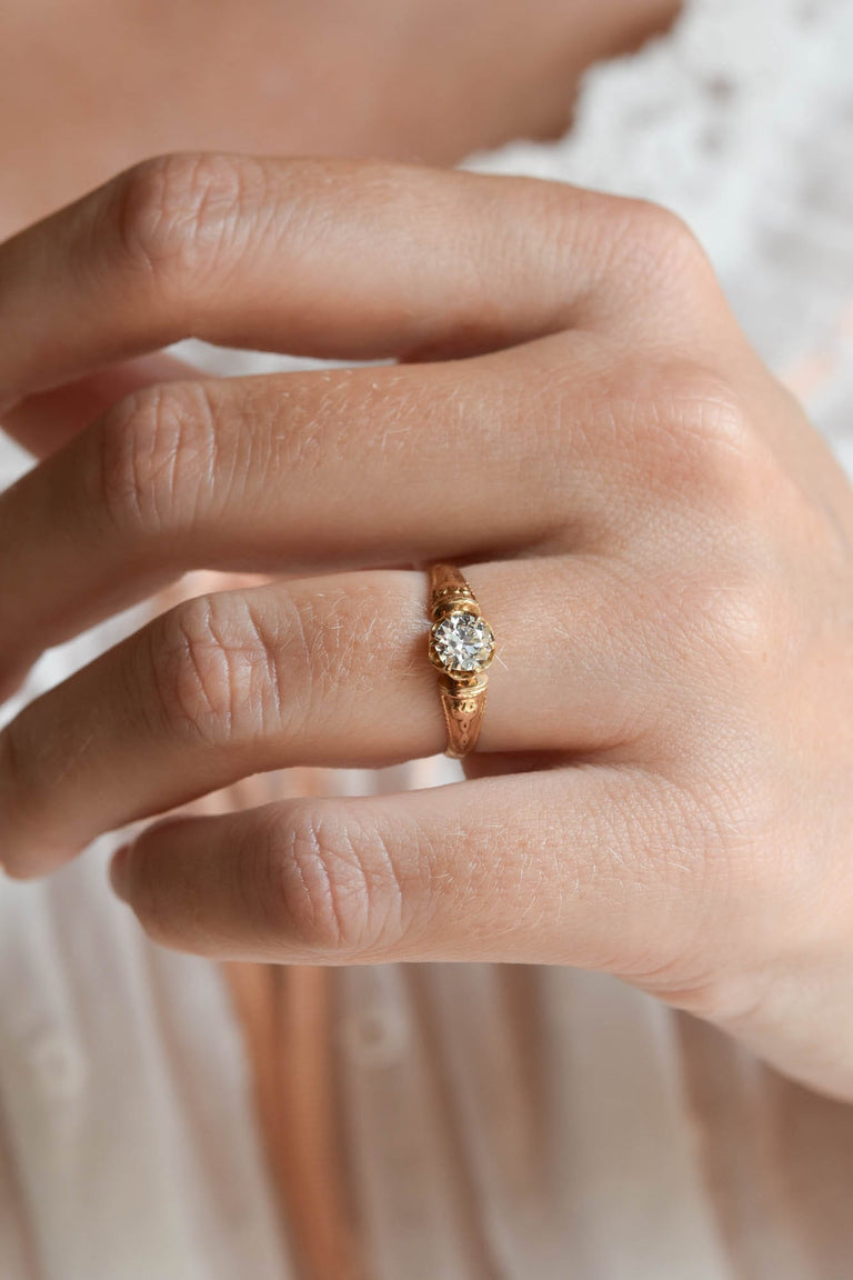 Victorian .47 Carat Old European Cut Diamond Engraved Buttercup Yellow Gold Antique Solitaire Ring