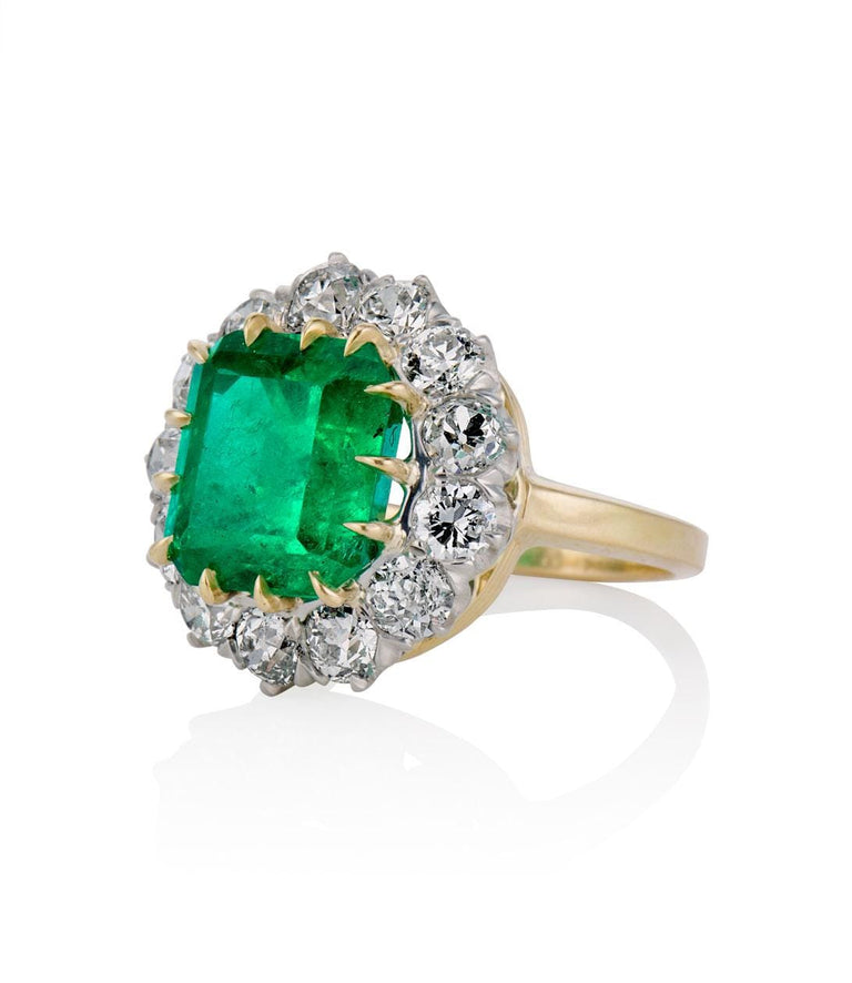 Victorian 6.06 Carat Columbian Minor Oil Emerald Cut Emerald and Diamond Two Tone Cluster Engagement Ring
