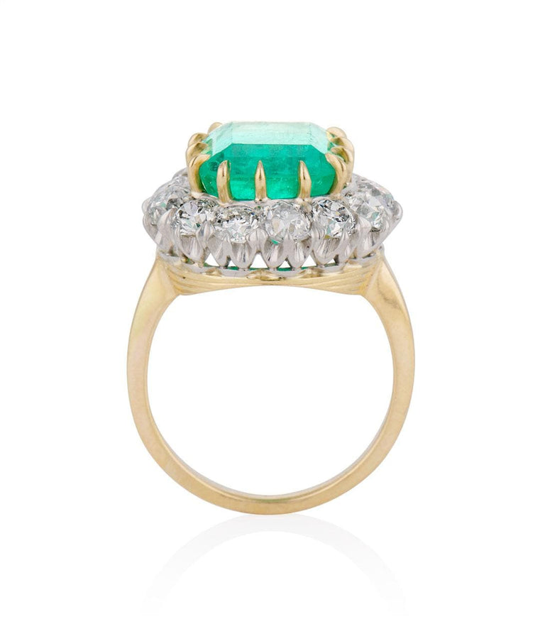 Victorian 6.06 Carat Columbian Minor Oil Emerald Cut Emerald and Diamond Two Tone Cluster Engagement Ring