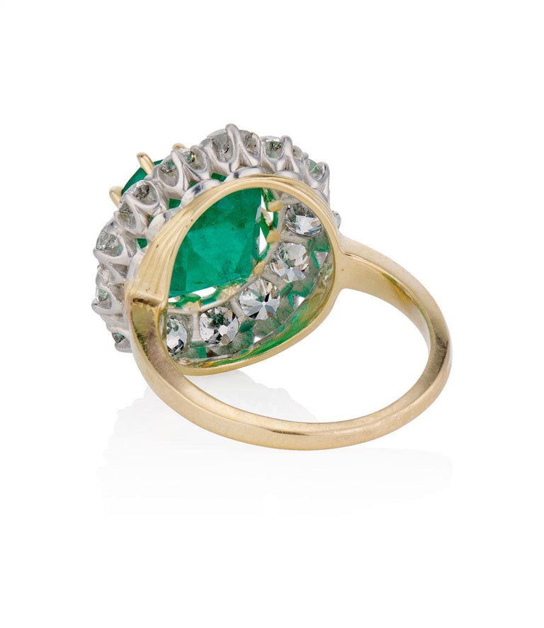 Victorian 6.06 Carat Columbian Minor Oil Emerald Cut Emerald and Diamond Two Tone Cluster Engagement Ring