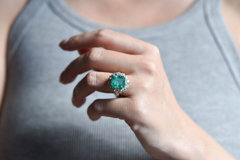 Victorian 6.06 Carat Columbian Minor Oil Emerald Cut Emerald and Diamond Two Tone Cluster Engagement Ring