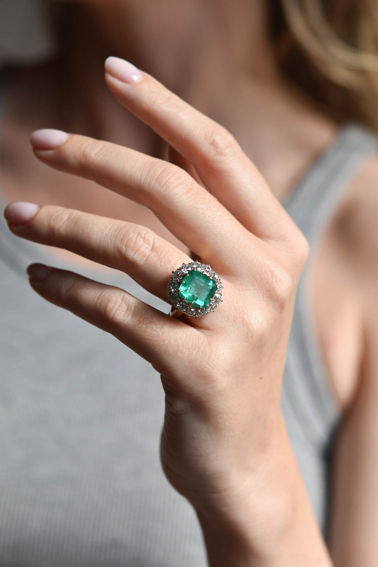 Victorian 6.06 Carat Columbian Minor Oil Emerald Cut Emerald and Diamond Two Tone Cluster Engagement Ring