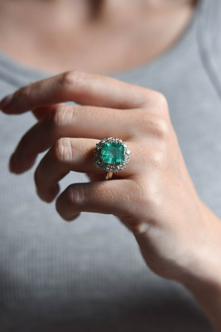 Victorian 6.06 Carat Columbian Minor Oil Emerald Cut Emerald and Diamond Two Tone Cluster Engagement Ring