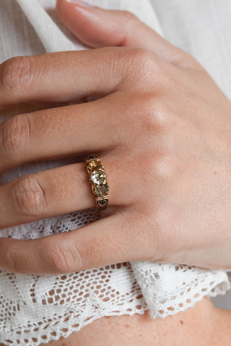 Victorian .60 Carat Light Champagne Old Mine Cushion Cut Diamond Yellow Gold & Black Enamel Antique Three Stone Vintage Engagement Ring