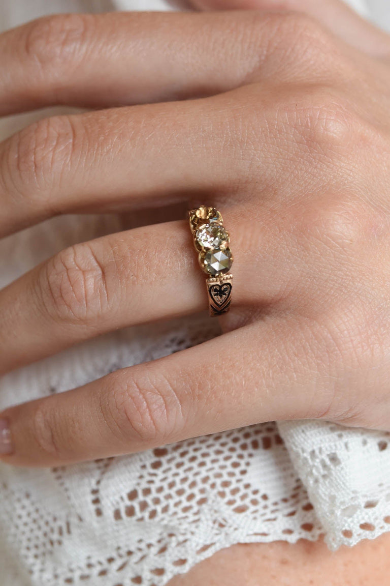 Victorian .60 Carat Light Champagne Old Mine Cushion Cut Diamond Yellow Gold & Black Enamel Antique Three Stone Vintage Engagement Ring