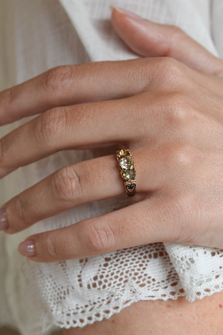 Victorian .60 Carat Light Champagne Old Mine Cushion Cut Diamond Yellow Gold & Black Enamel Antique Three Stone Vintage Engagement Ring