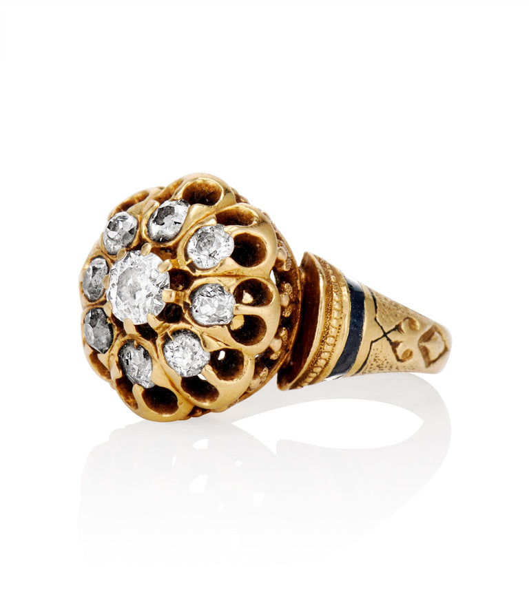 Victorian .60 Carat Old Mine Cut Diamond and Black Enamel Yellow Gold Cluster Vintage Engagement Ring