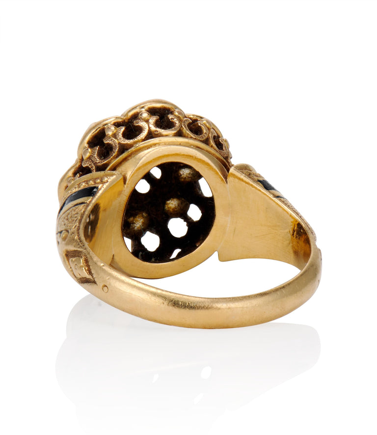 Victorian .60 Carat Old Mine Cut Diamond and Black Enamel Yellow Gold Cluster Vintage Engagement Ring