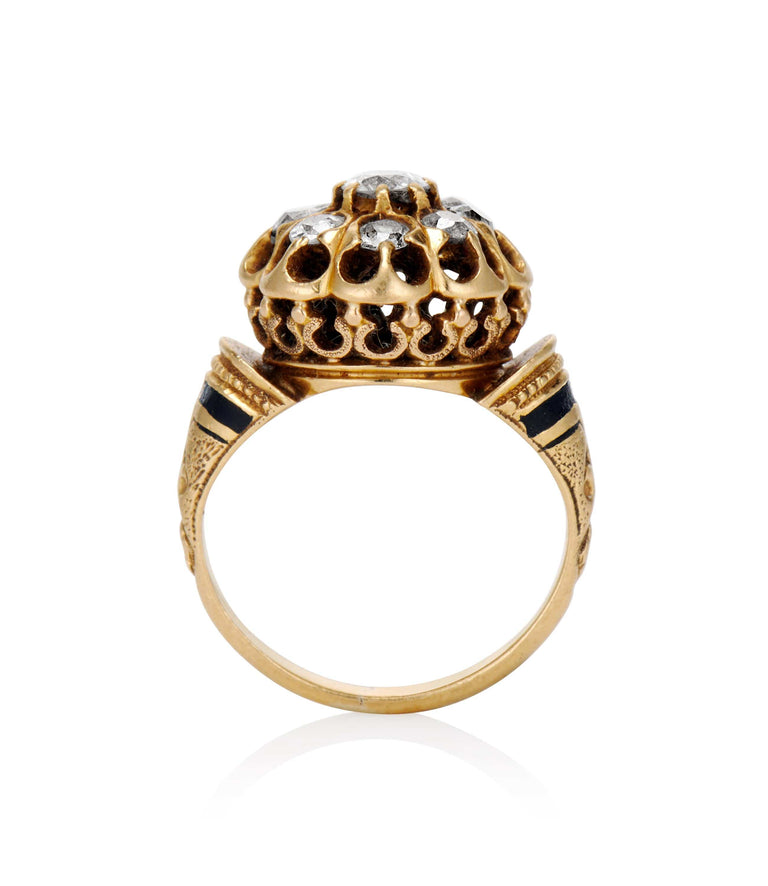 Victorian .60 Carat Old Mine Cut Diamond and Black Enamel Yellow Gold Cluster Vintage Engagement Ring
