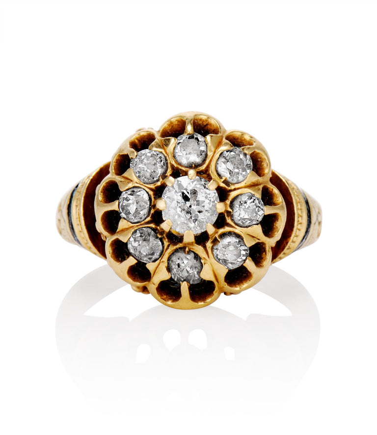 Victorian .60 Carat Old Mine Cut Diamond and Black Enamel Yellow Gold Cluster Vintage Engagement Ring