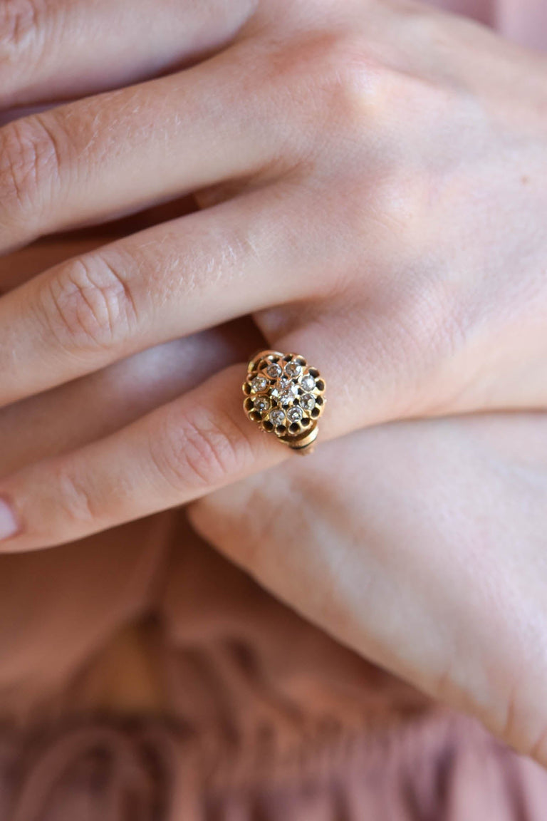 Victorian .60 Carat Old Mine Cut Diamond and Black Enamel Yellow Gold Cluster Vintage Engagement Ring