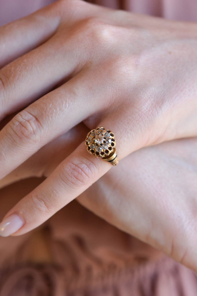 Victorian .60 Carat Old Mine Cut Diamond and Black Enamel Yellow Gold Cluster Vintage Engagement Ring