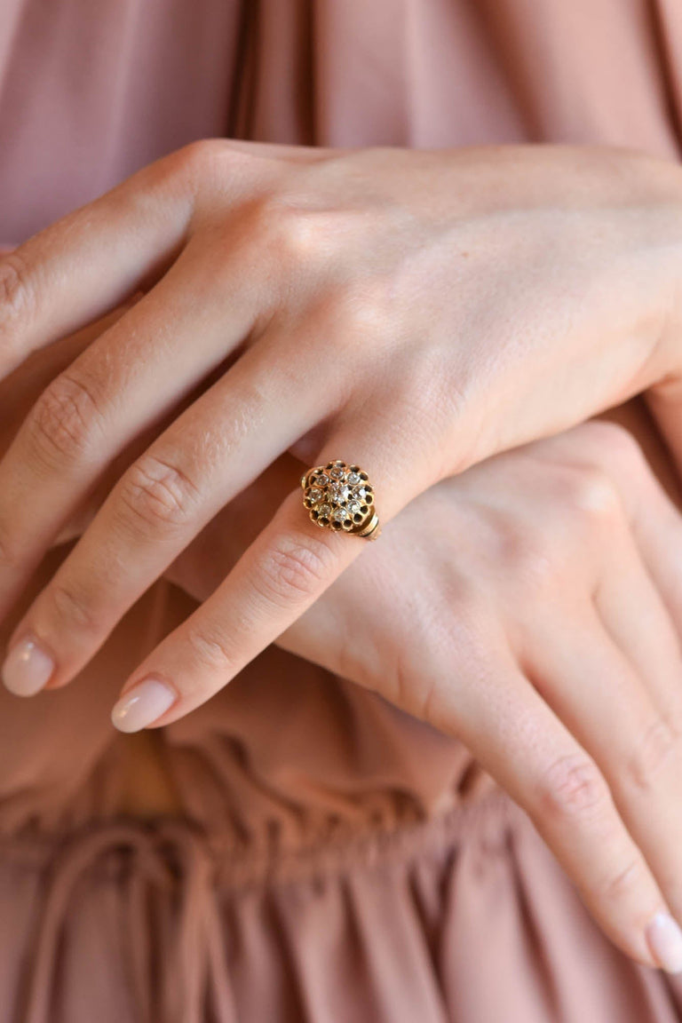 Victorian .60 Carat Old Mine Cut Diamond and Black Enamel Yellow Gold Cluster Vintage Engagement Ring