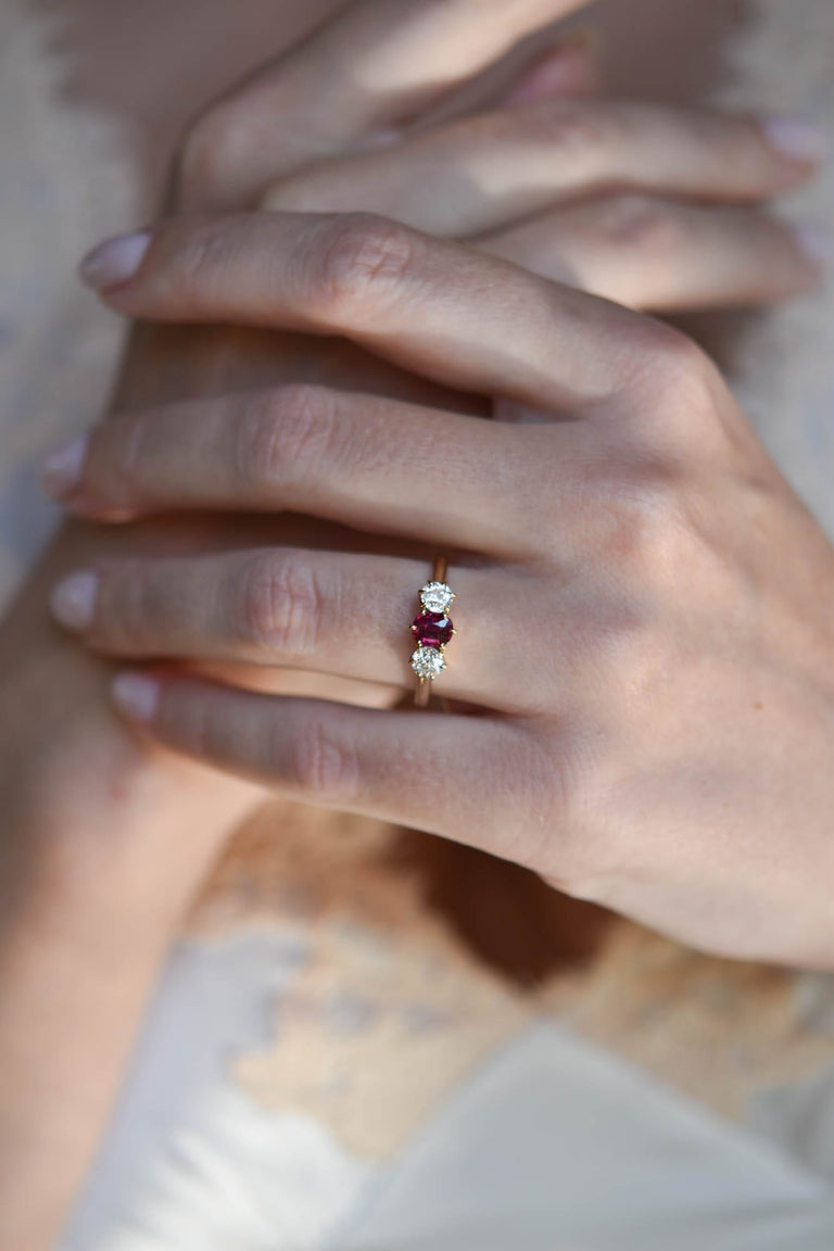 Victorian .60 Carat Oval No Heat Ruby and Diamond Yellow Gold Three Stone Antique Engagement Ring