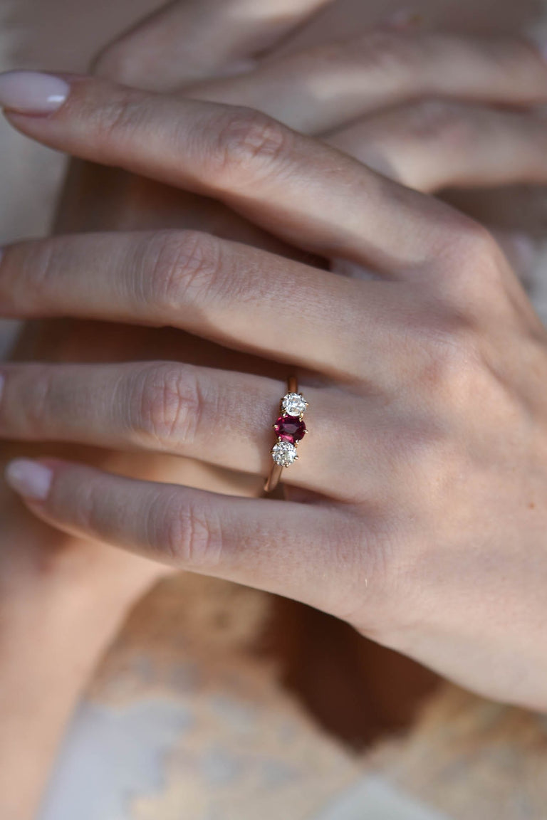 Victorian .60 Carat Oval No Heat Ruby and Diamond Yellow Gold Three Stone Antique Engagement Ring