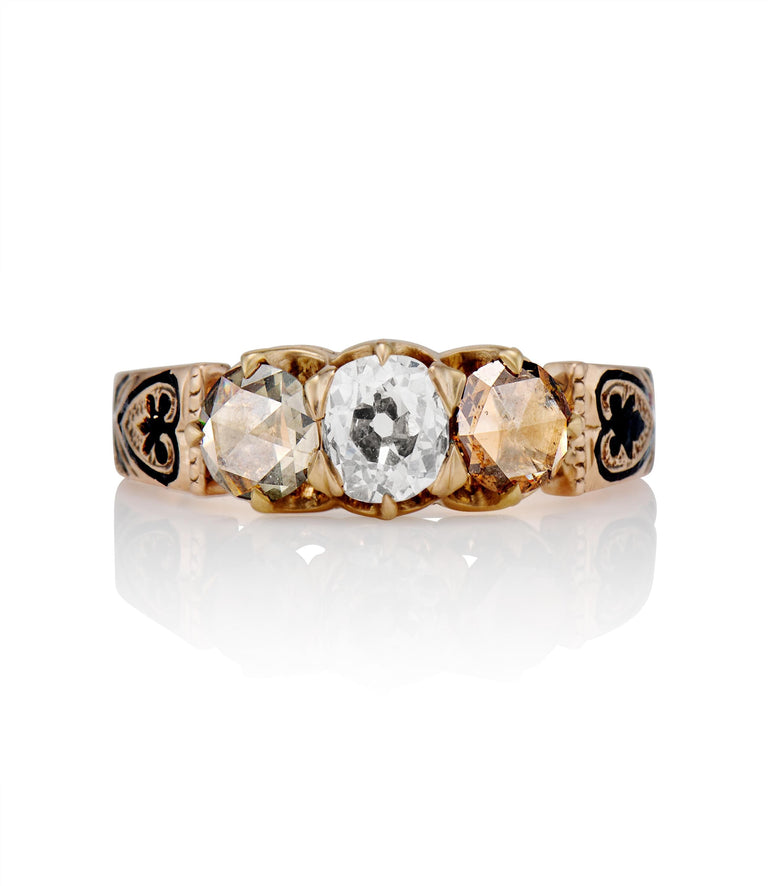 Victorian .60 carat Rose Cut Diamond Yellow Gold & Enamel Antique Three Stone Vintage Engagement Ring