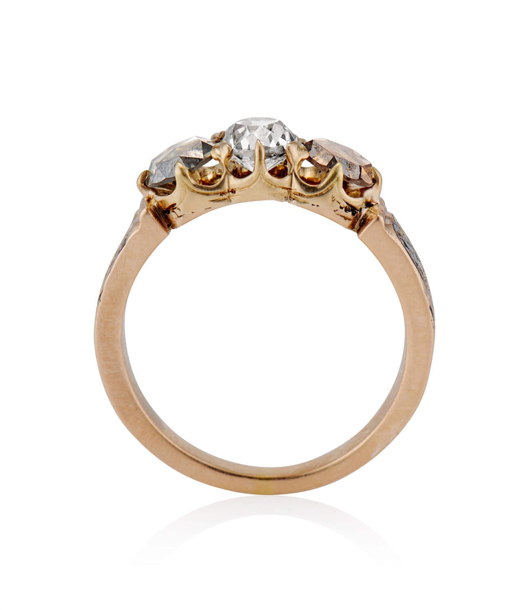 Victorian .60 carat Rose Cut Diamond Yellow Gold & Enamel Antique Three Stone Vintage Engagement Ring