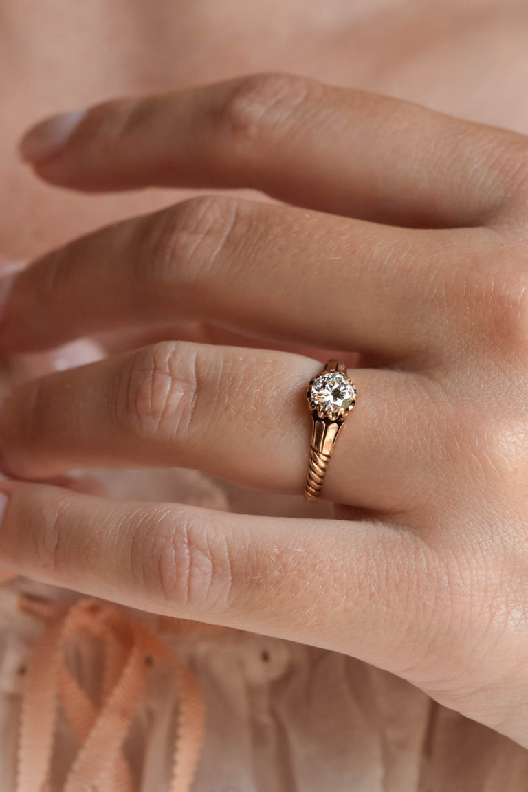 Victorian .61 Carat Old European Cut Diamond Rose Gold Buttercup Antique Engagement Ring