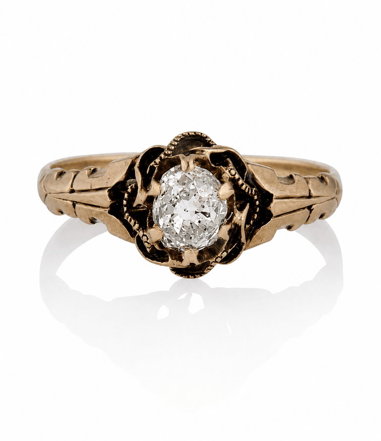 Victorian .61 Carat Old Mine Cut Diamond Yellow Gold Antique Engagement Ring