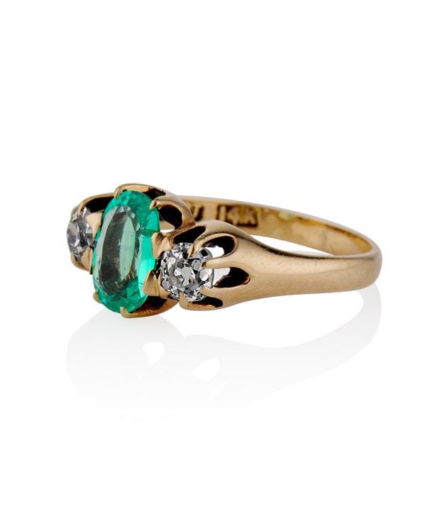 Victorian .64 Carat Columbian No Oil Emerald and Diamond Three Stone Antique EngagementRing