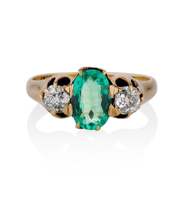 Victorian .64 Carat Columbian No Oil Emerald and Diamond Three Stone Antique EngagementRing