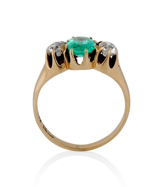 Victorian .64 Carat Columbian No Oil Emerald and Diamond Three Stone Antique EngagementRing