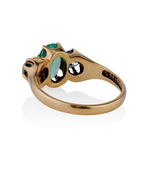 Victorian .64 Carat Columbian No Oil Emerald and Diamond Three Stone Antique EngagementRing