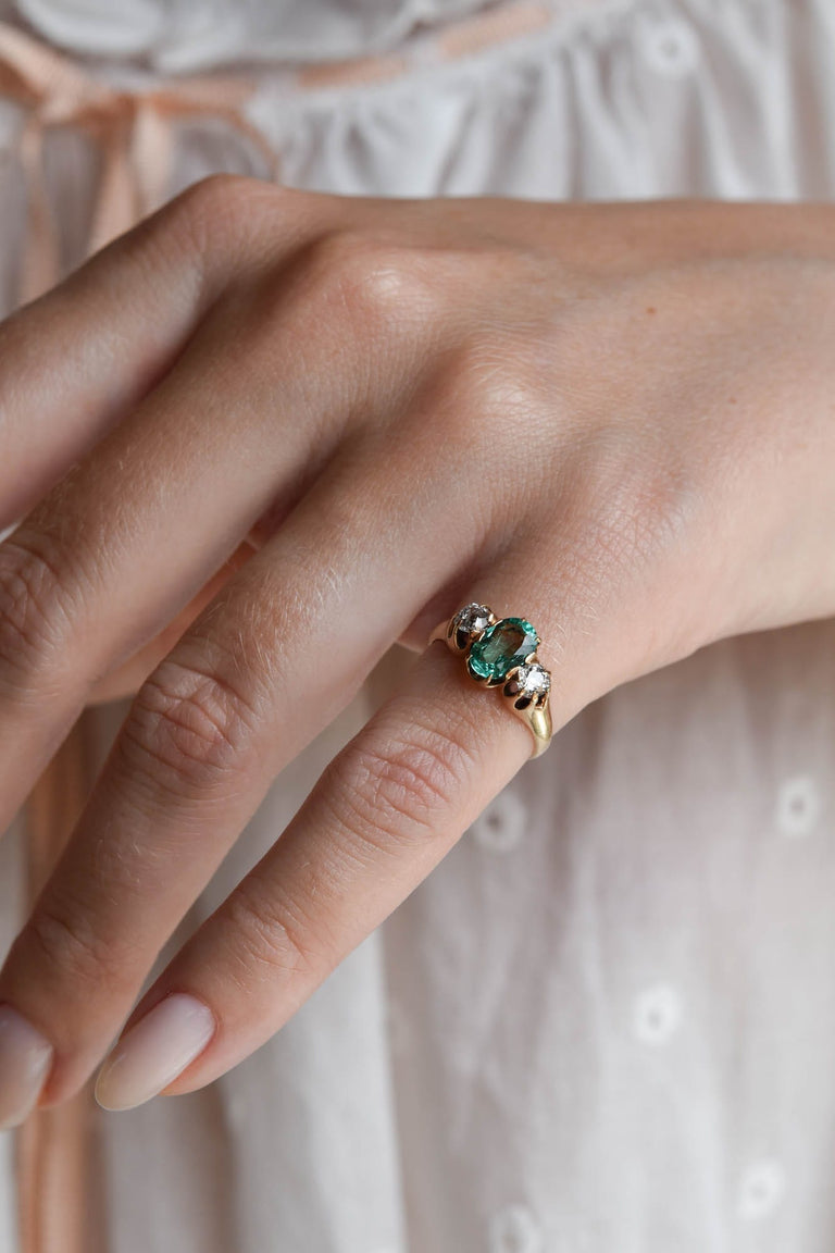 Victorian .64 Carat Columbian No Oil Emerald and Diamond Three Stone Antique EngagementRing
