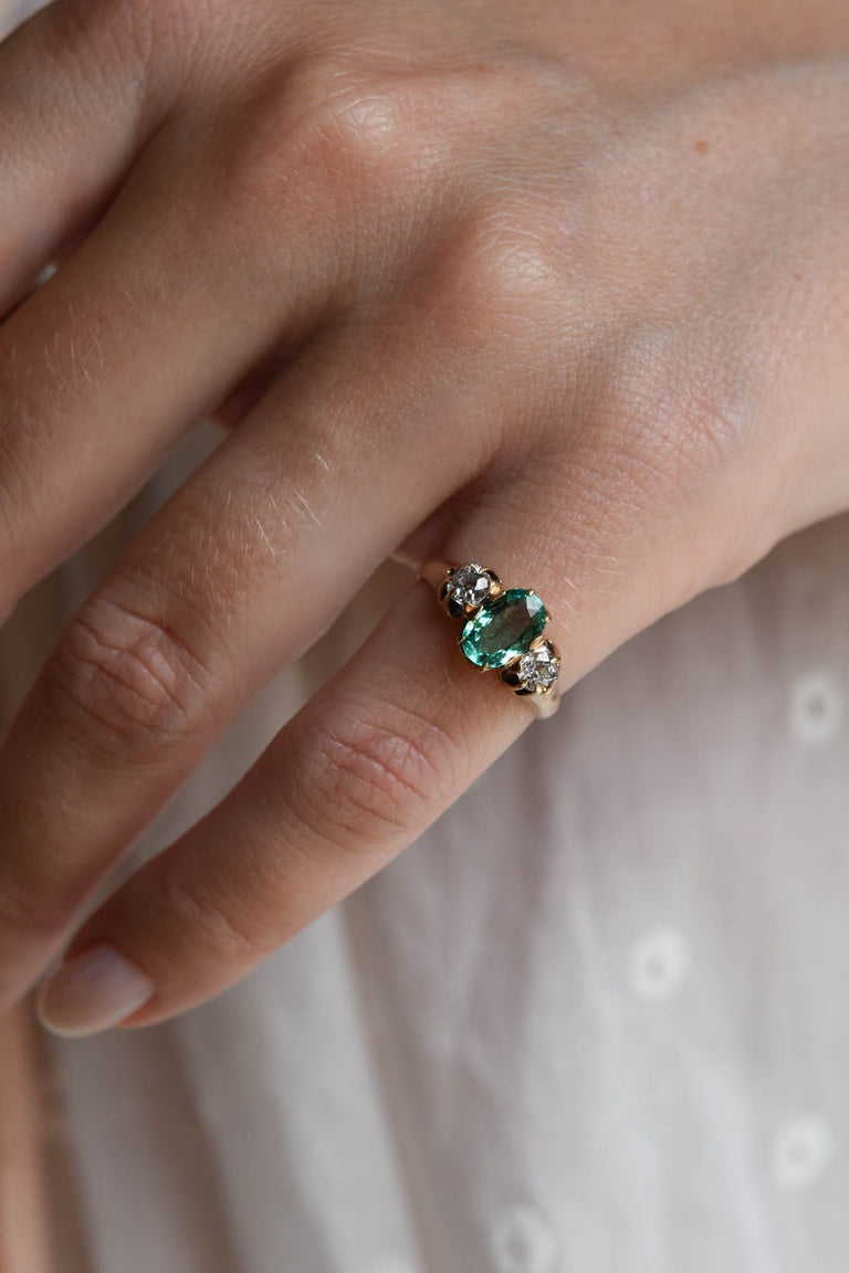 Victorian .64 Carat Columbian No Oil Emerald and Diamond Three Stone Antique EngagementRing