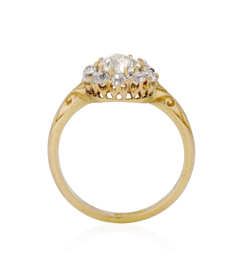 Victorian .84 carat Old European Cut Diamond Yellow Gold Cluster Vintage Engagement Ring