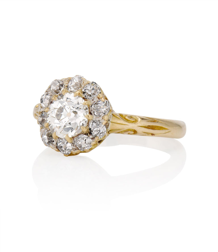 Victorian .84 carat Old European Cut Diamond Yellow Gold Cluster Vintage Engagement Ring