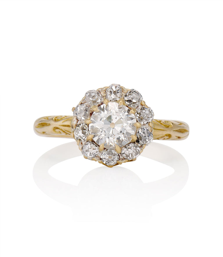 Victorian .84 carat Old European Cut Diamond Yellow Gold Cluster Vintage Engagement Ring