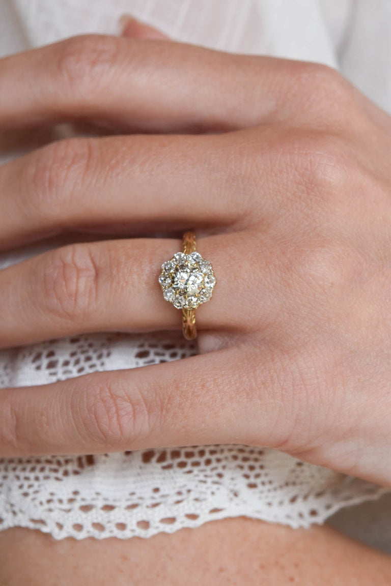 Victorian .84 Carat Old European Cut Diamond Yellow Gold Cluster Vintage Engagement Ring