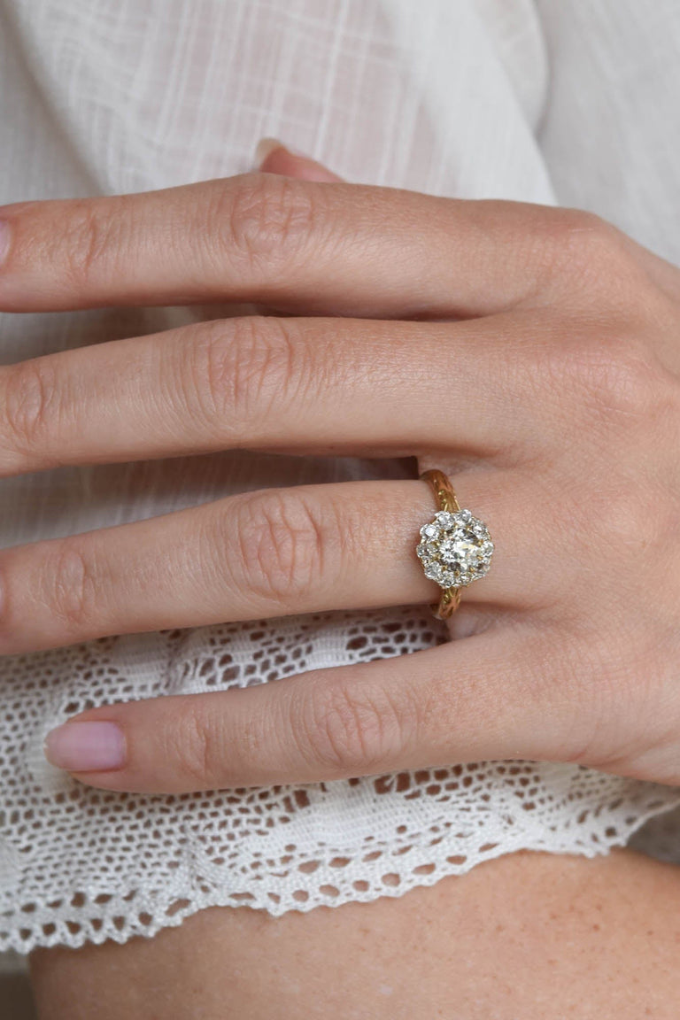 Victorian .84 Carat Old European Cut Diamond Yellow Gold Cluster Vintage Engagement Ring