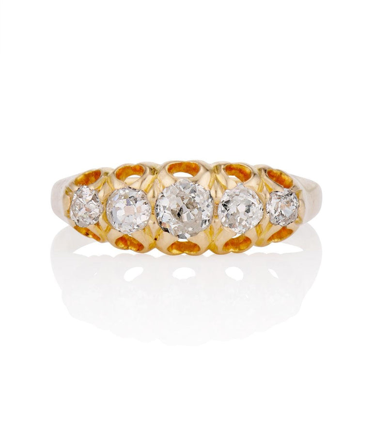 Victorian .85 Carat Old Mine Cut Diamond Yellow Gold Five Stone Wedding Band