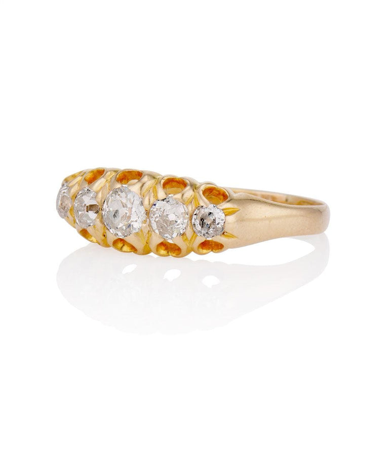 Victorian .85 Carat Old Mine Cut Diamond Yellow Gold Five Stone Wedding Band