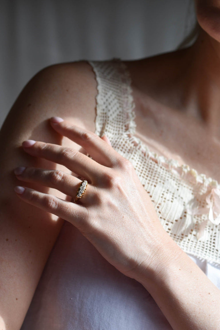 Victorian .85 Carat Old Mine Cut Diamond Yellow Gold Five Stone Wedding Band